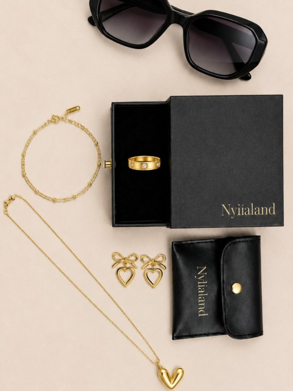 Nylialand Gold Heart Jewelry Set & Black Sunglasses